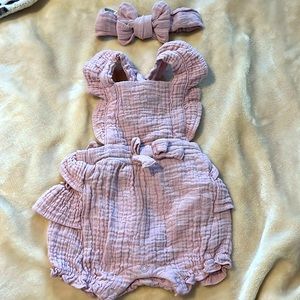 Emily and Oliver romper with matching bow. Size 0/3 months